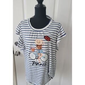 Shein Curve Paris Bicycle Stripe Ruffle Sleeve Top Blue White 4XL Plus Size